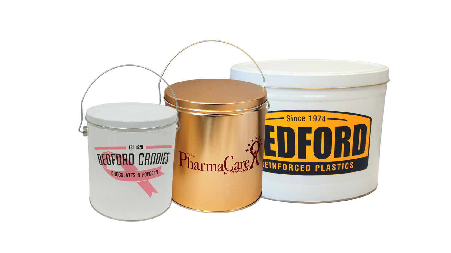 Custom Branded Gourmet Tins: Elevate your corporate gifting with personalized popcorn tins from Bedford Candies.