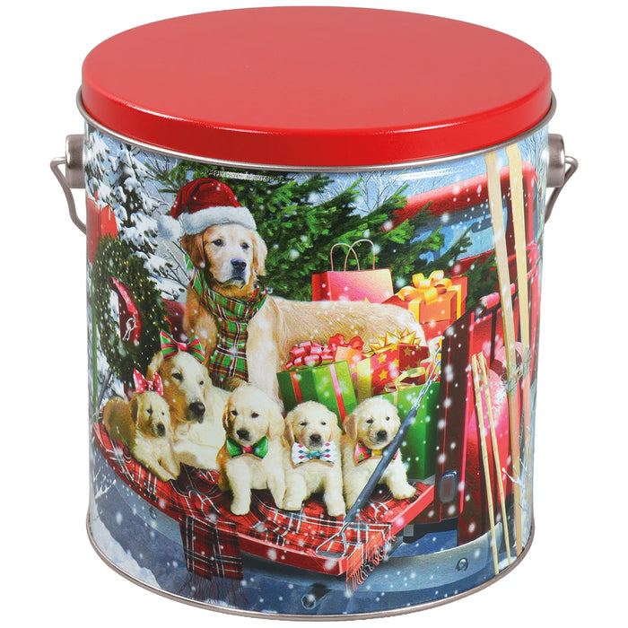 CHRISTMAS POPCORN TIN - Truck & Pups - 1 Gallon