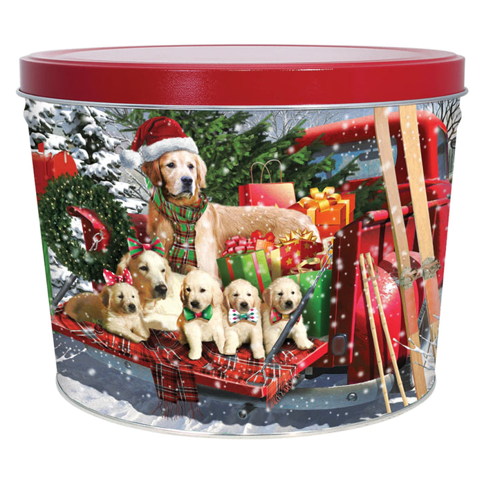 CHRISTMAS POPCORN TIN - Truck & Pups - 2 Gallon
